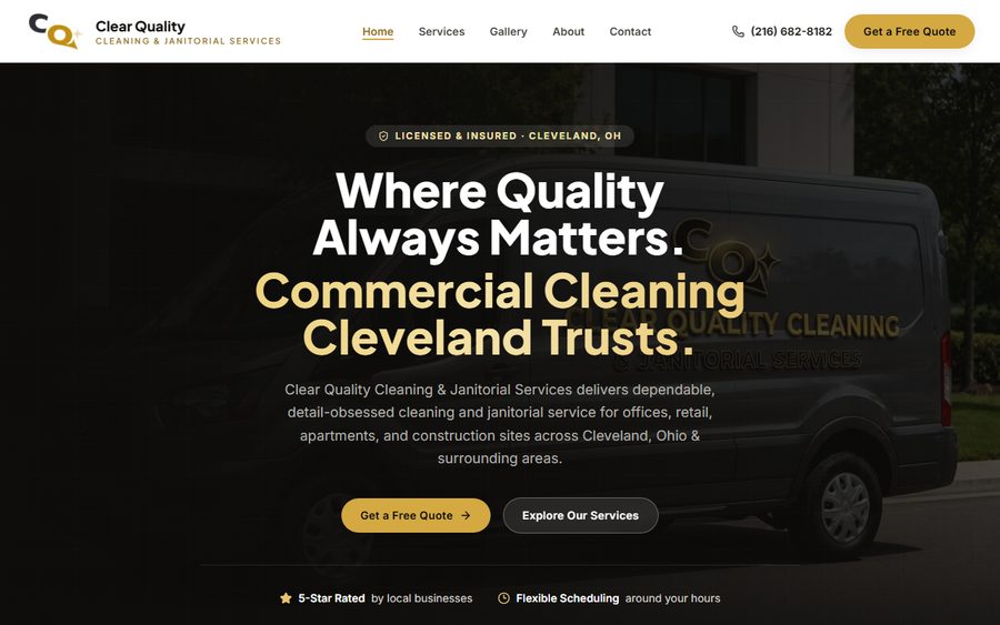 Screenshot of the Clear Quality Cleaning & Janitorial Services website homepage